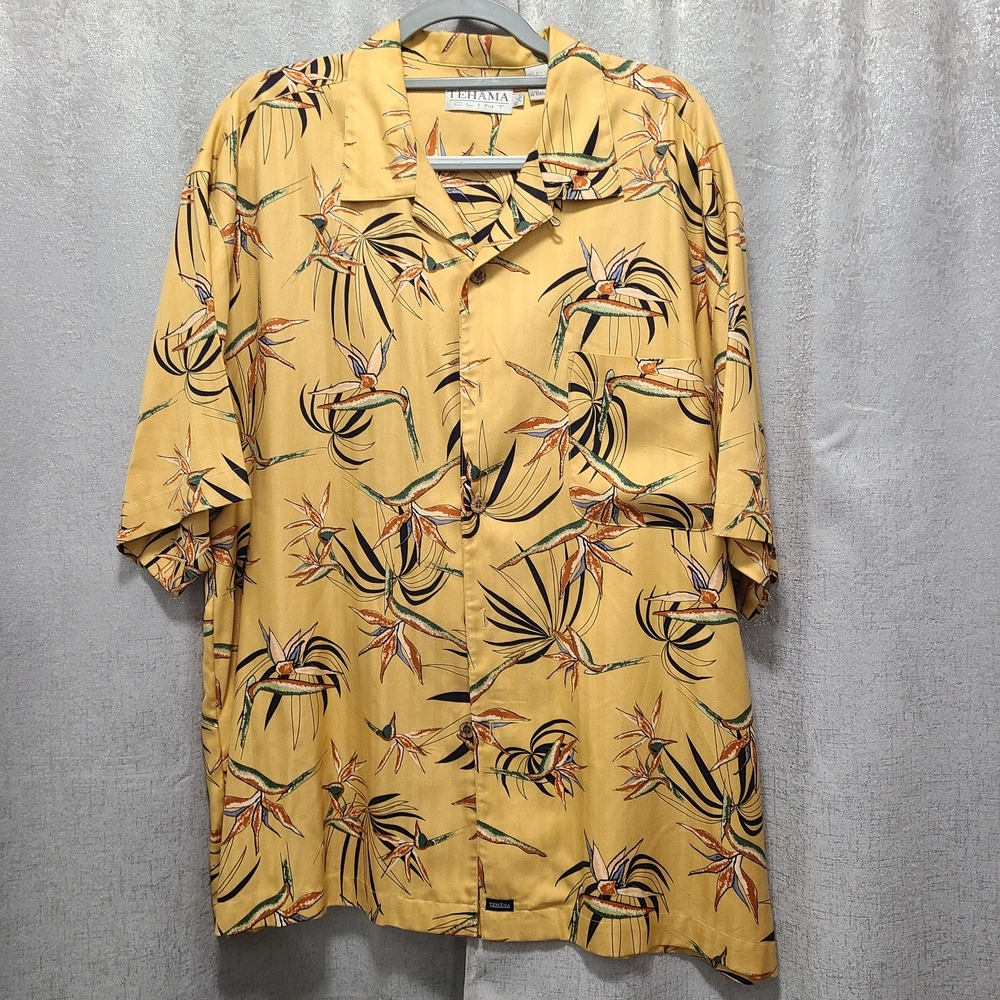 TEHAMA Yellow Floral Silk Shirt Mens‎ XL